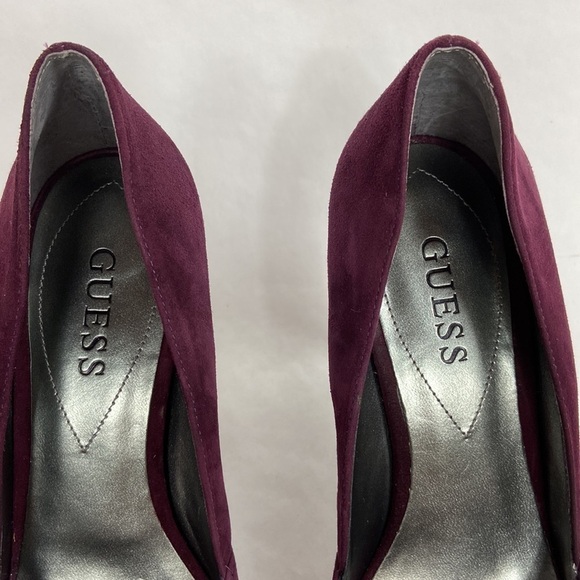 GUESS Leather Suede Wgnelana Gathered Knot Peep Toe Burgundy High Stiletto Heels - Picture 4 of 16